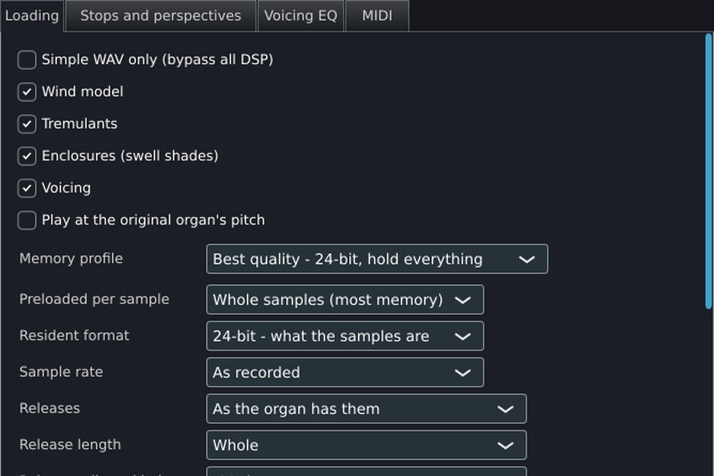 Organ settings, Loading tab