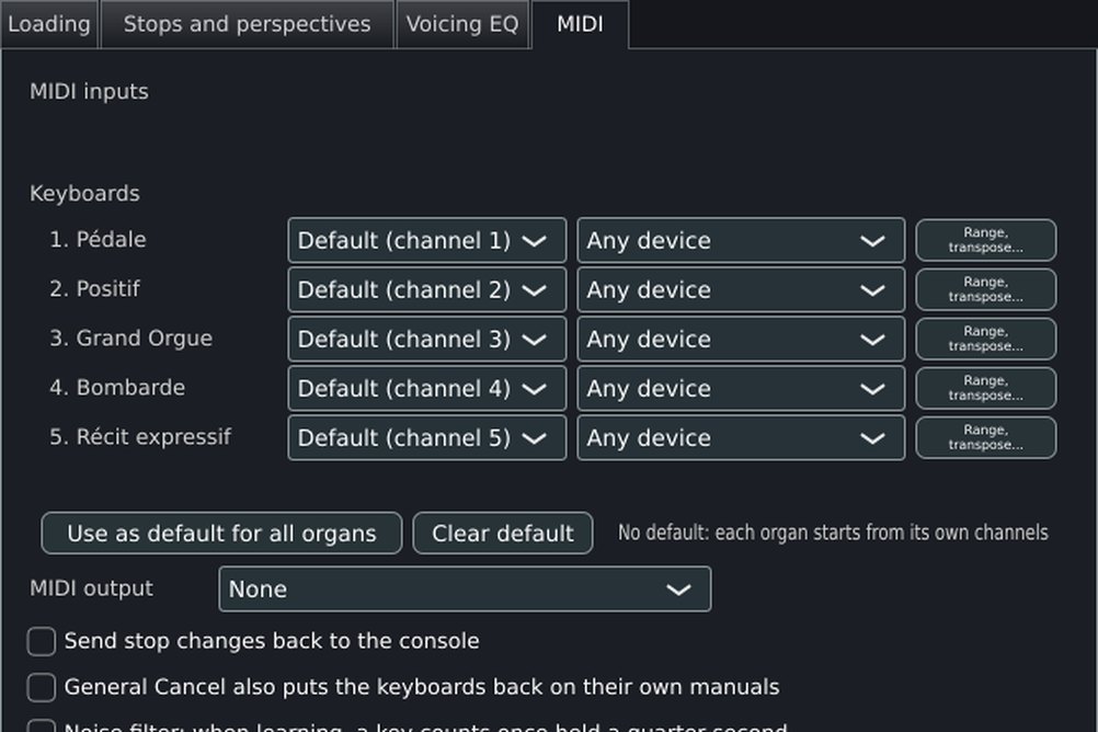 Organ settings, MIDI tab